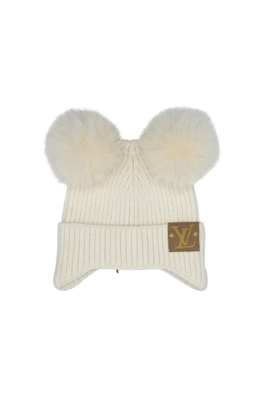 π€ Upcycled Baby Beanie β Cream with Faux Fur Pom Poms