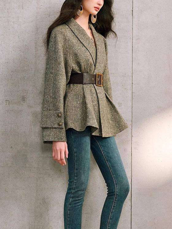 Belted Shawl Collar Tweed Peplum Jacket