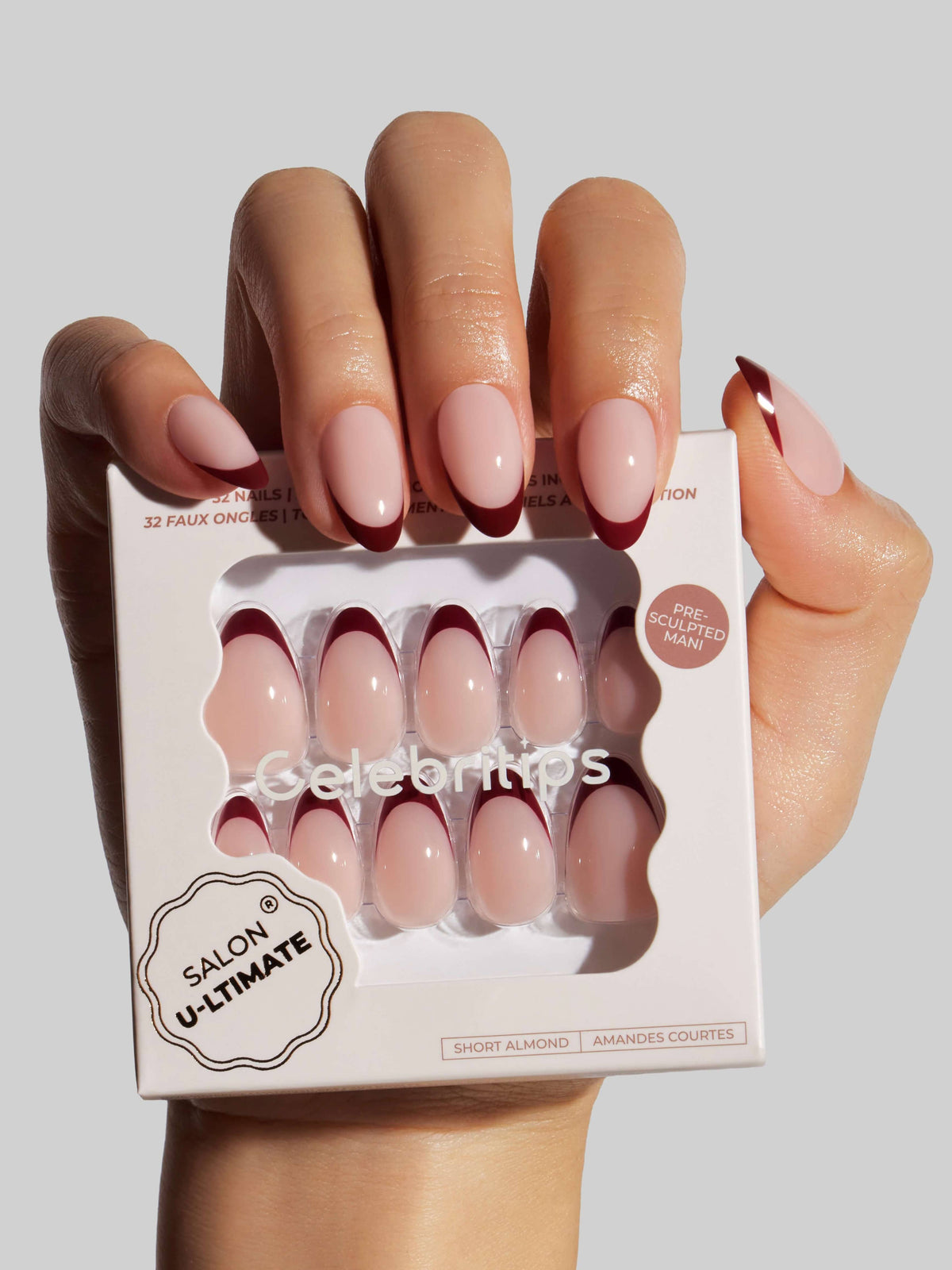 Celebritips French Rouge Burgundy French Tip Press-On Nails – Short Almond