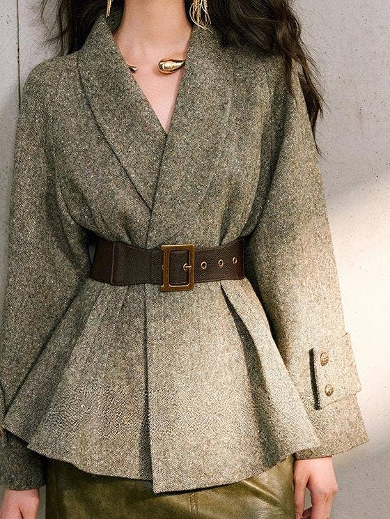 Belted Shawl Collar Tweed Peplum Jacket