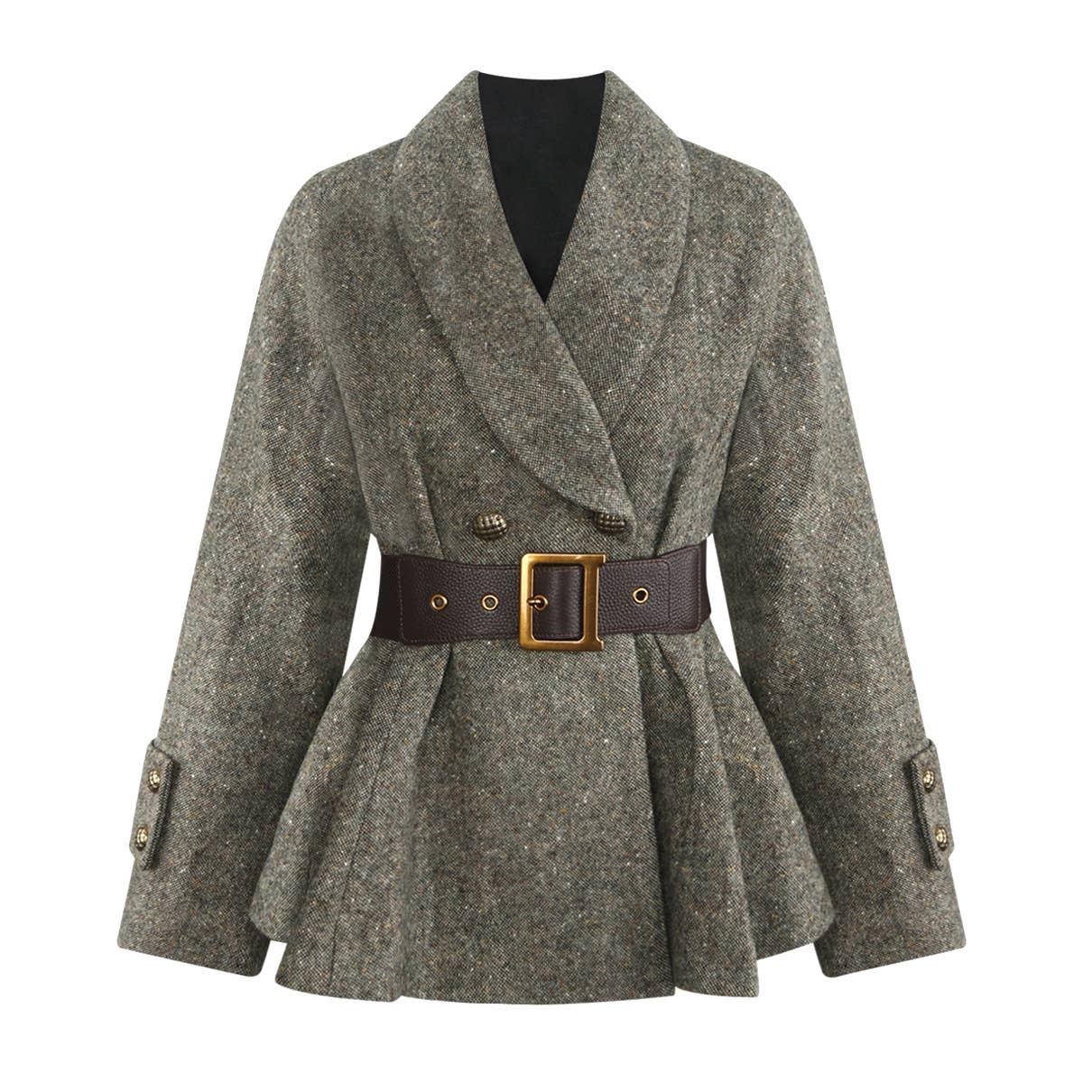 Belted Shawl Collar Tweed Peplum Jacket