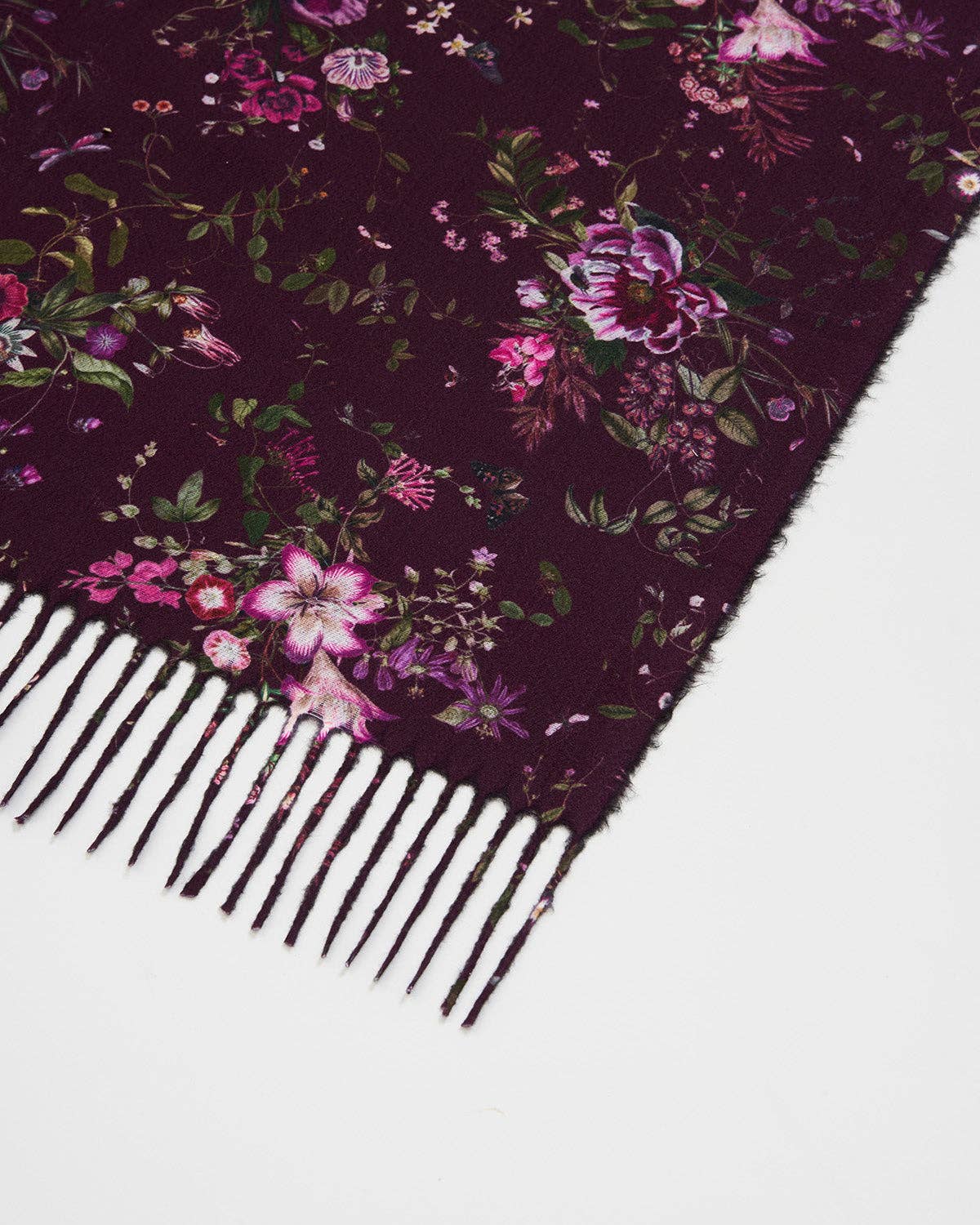 Eve Floral Long Fringed Scarf in Burgundy