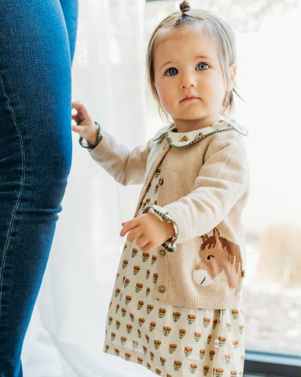 Horse Jacquard Sweater Knit Baby Cardigan (Organic Cotton)