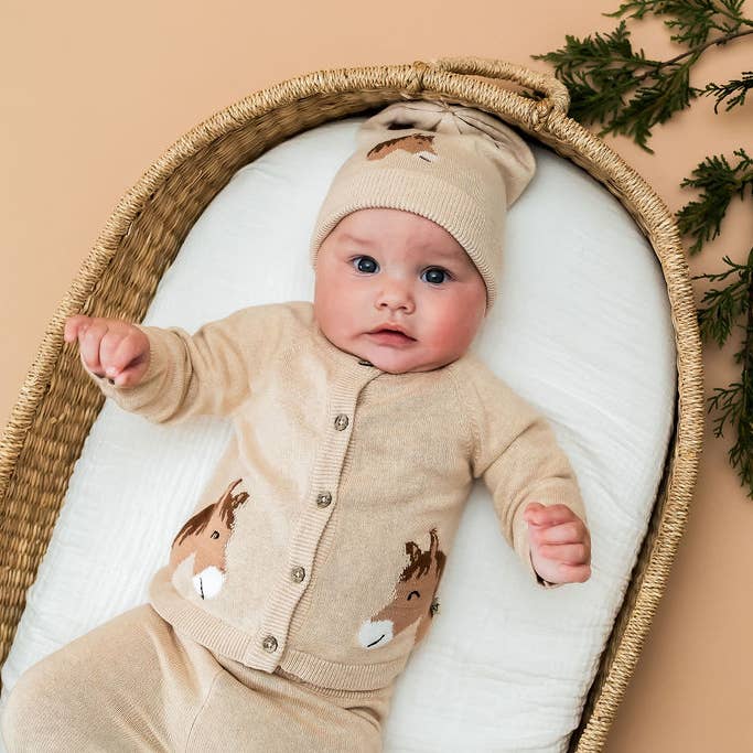 Horse Jacquard Sweater Knit Baby Cardigan (Organic Cotton)