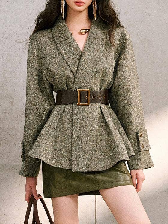Belted Shawl Collar Tweed Peplum Jacket