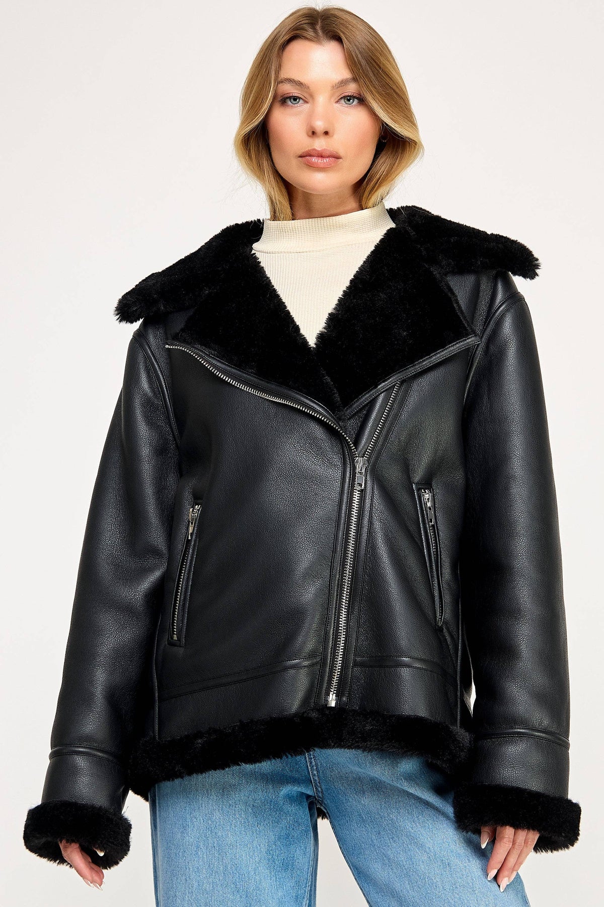 🖤 Liam Pilot Jacket – Oversized Shearling Vegan Leather
