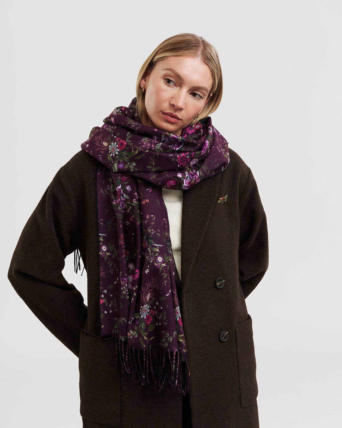 Eve Floral Long Fringed Scarf in Burgundy