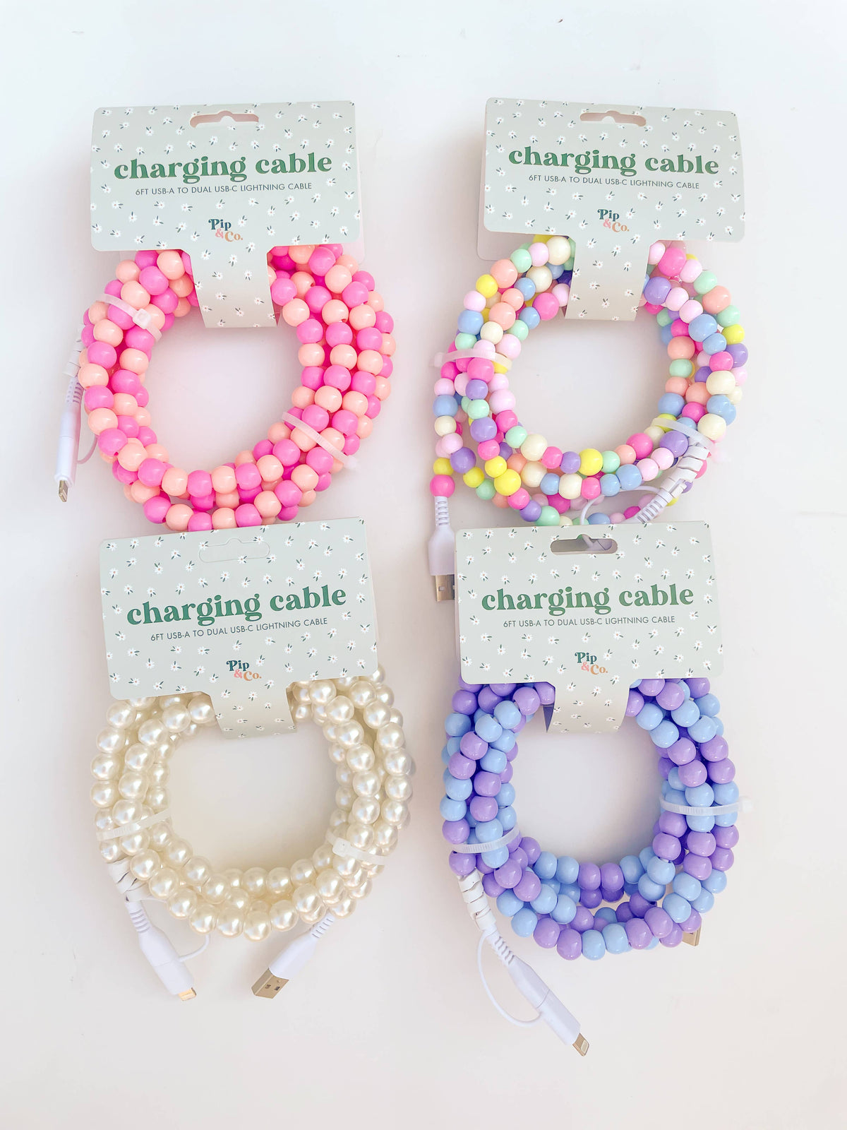 6ft Beaded Phone Charger USB-A & Dual USB-C Lightning Cable