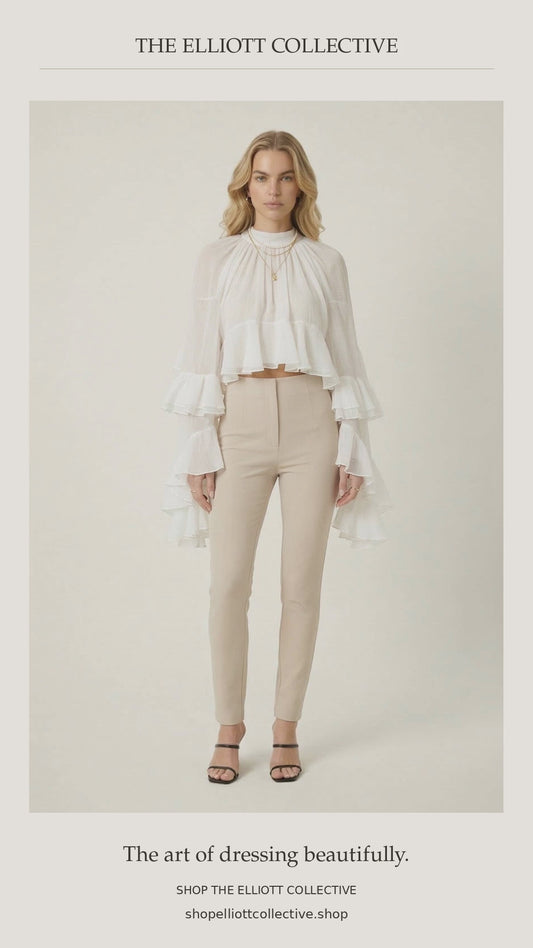 Sheer Ruffle Sleeve Blouse with High Neck and Layered Hem